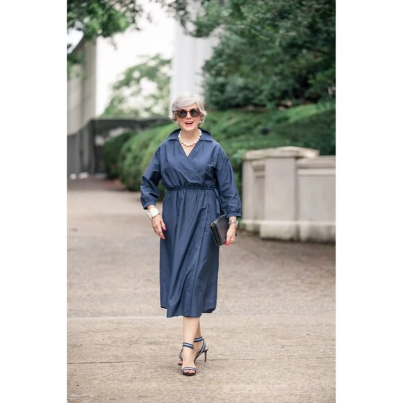 NWT J. MCLAUGHLIN Elayne in Deep Navy Cotton Silk Blend Faux Wrap Midi Dress M - Picture 1 of 9